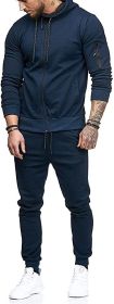 Men's 2 Pieces Tracksuits Running Jogging Athletic Casual Outfits Suit Solid Full Zip Sports Hooded Pants Sweatsuits - L - navy