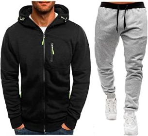 Mens 2 Piece Tracksuit Zipper Cardigan Hoodie Pants Sport Suit Running Jogging Athletic Casual Tracksuit Set - M - black3