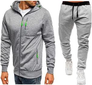 Mens 2 Piece Tracksuit Zipper Cardigan Hoodie Pants Sport Suit Running Jogging Athletic Casual Tracksuit Set - L - light grey3