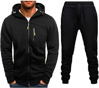 Mens 2 Piece Tracksuit Zipper Cardigan Hoodie Pants Sport Suit Running Jogging Athletic Casual Tracksuit Set - L - black1