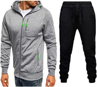 Mens 2 Piece Tracksuit Zipper Cardigan Hoodie Pants Sport Suit Running Jogging Athletic Casual Tracksuit Set - L - light grey1